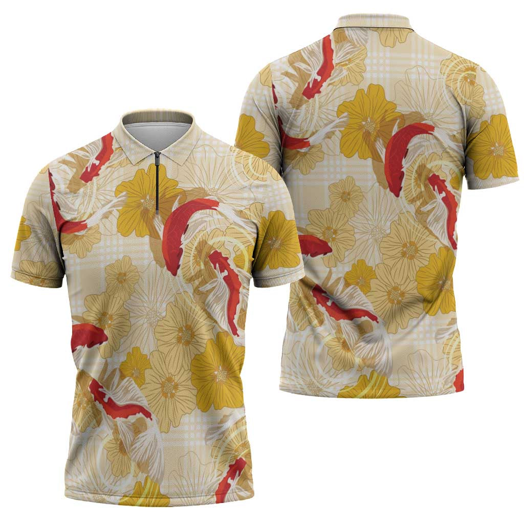 Beige Palaka Hawaii Aloha Zipper Polo Shirt Koi Pond Mix Ilima Flowers - Polynesian Pride