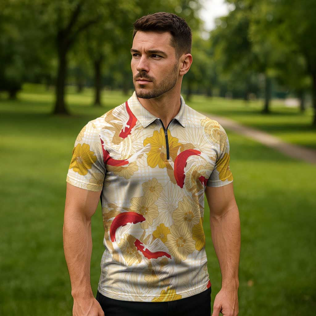 Beige Palaka Hawaii Aloha Zipper Polo Shirt Koi Pond Mix Ilima Flowers - Polynesian Pride