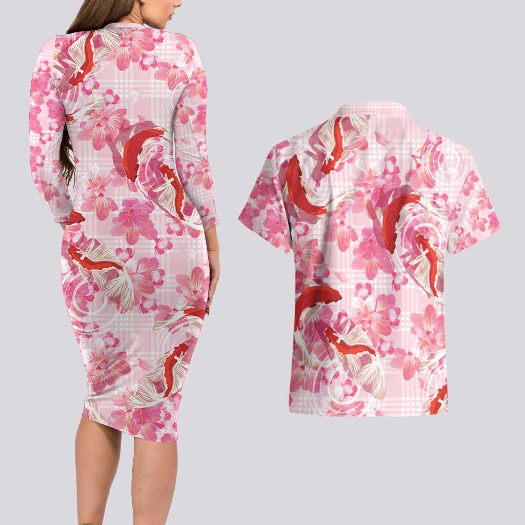 Pink Palaka Hawaii Aloha Couples Matching Long Sleeve Bodycon Dress and Hawaiian Shirt Koi Pond Mix Sakura - Polynesian Pride