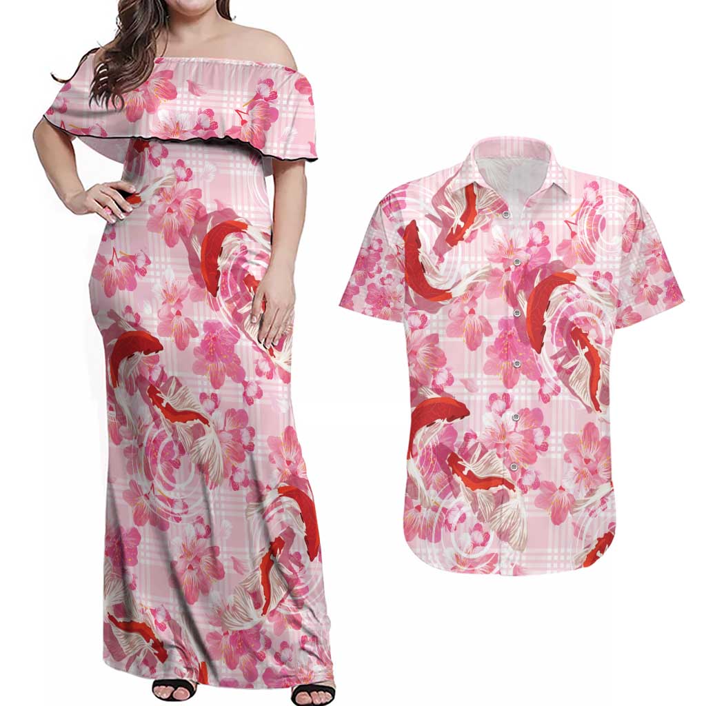 Pink Palaka Hawaii Aloha Couples Matching Off Shoulder Maxi Dress and Hawaiian Shirt Koi Pond Mix Sakura - Polynesian Pride