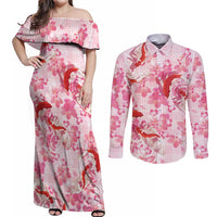 Pink Palaka Hawaii Aloha Couples Matching Off Shoulder Maxi Dress and Long Sleeve Button Shirt Koi Pond Mix Sakura - Polynesian Pride