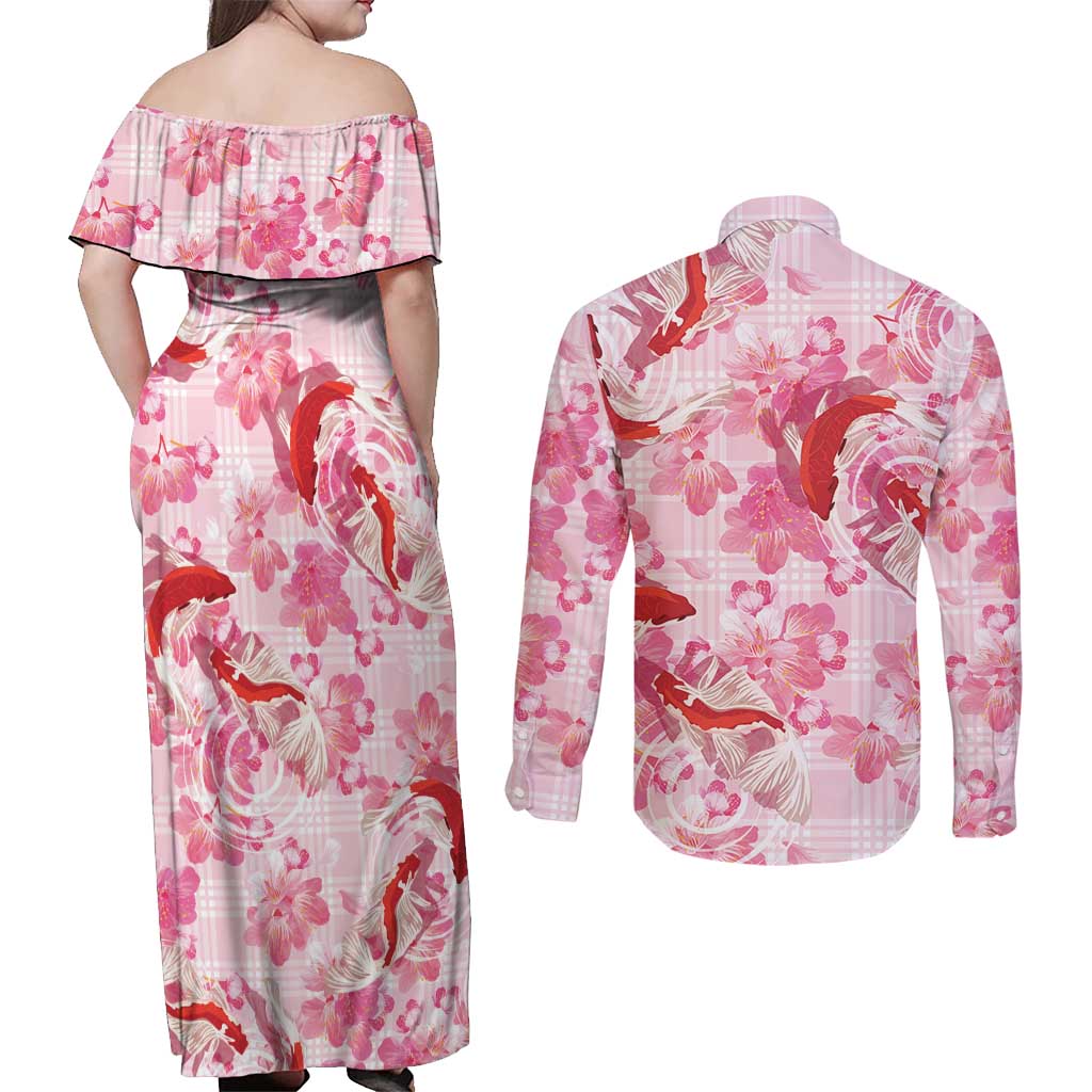 Pink Palaka Hawaii Aloha Couples Matching Off Shoulder Maxi Dress and Long Sleeve Button Shirt Koi Pond Mix Sakura - Polynesian Pride
