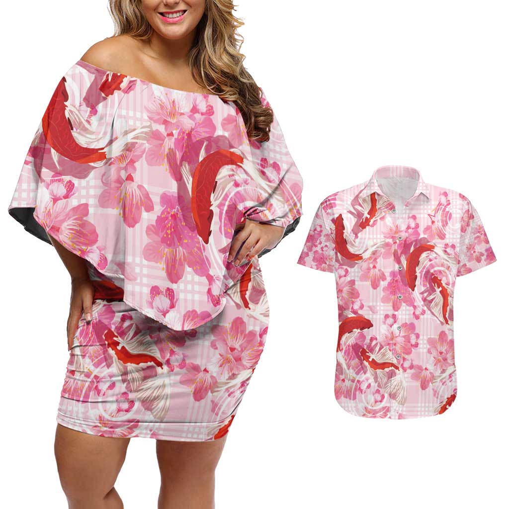 Pink Palaka Hawaii Aloha Couples Matching Off Shoulder Short Dress and Hawaiian Shirt Koi Pond Mix Sakura - Polynesian Pride