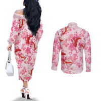 Pink Palaka Hawaii Aloha Couples Matching Off The Shoulder Long Sleeve Dress and Long Sleeve Button Shirt Koi Pond Mix Sakura - Polynesian Pride