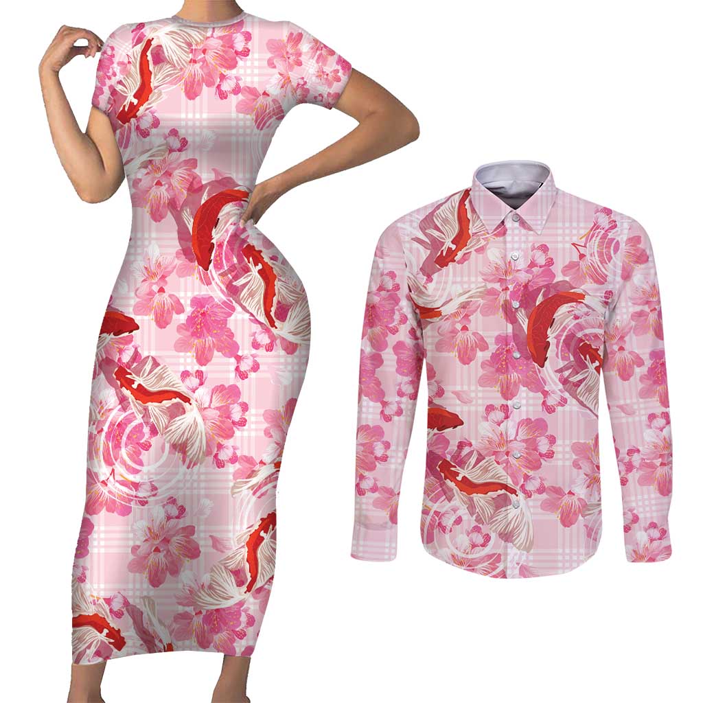 Pink Palaka Hawaii Aloha Couples Matching Short Sleeve Bodycon Dress and Long Sleeve Button Shirt Koi Pond Mix Sakura - Polynesian Pride