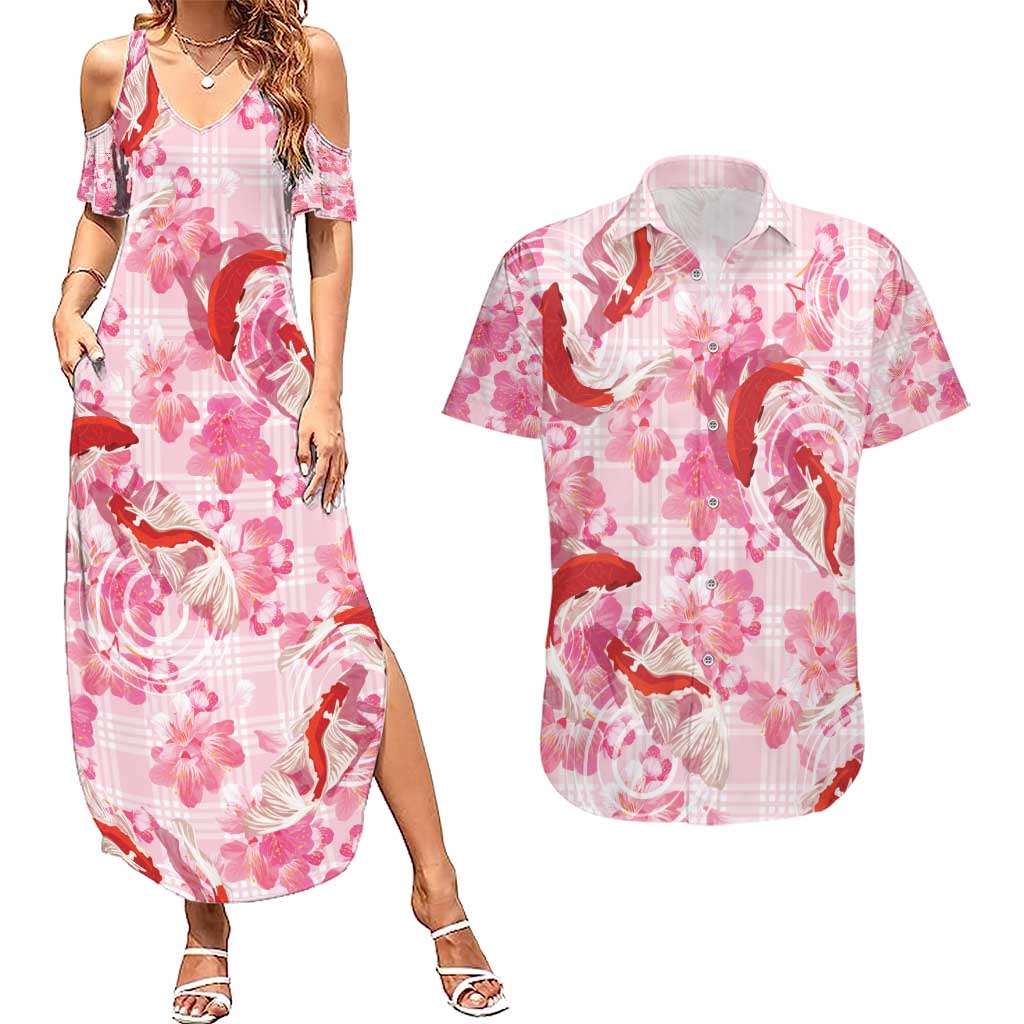Pink Palaka Hawaii Aloha Couples Matching Summer Maxi Dress and Hawaiian Shirt Koi Pond Mix Sakura - Polynesian Pride