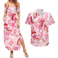 Pink Palaka Hawaii Aloha Couples Matching Summer Maxi Dress and Hawaiian Shirt Koi Pond Mix Sakura - Polynesian Pride