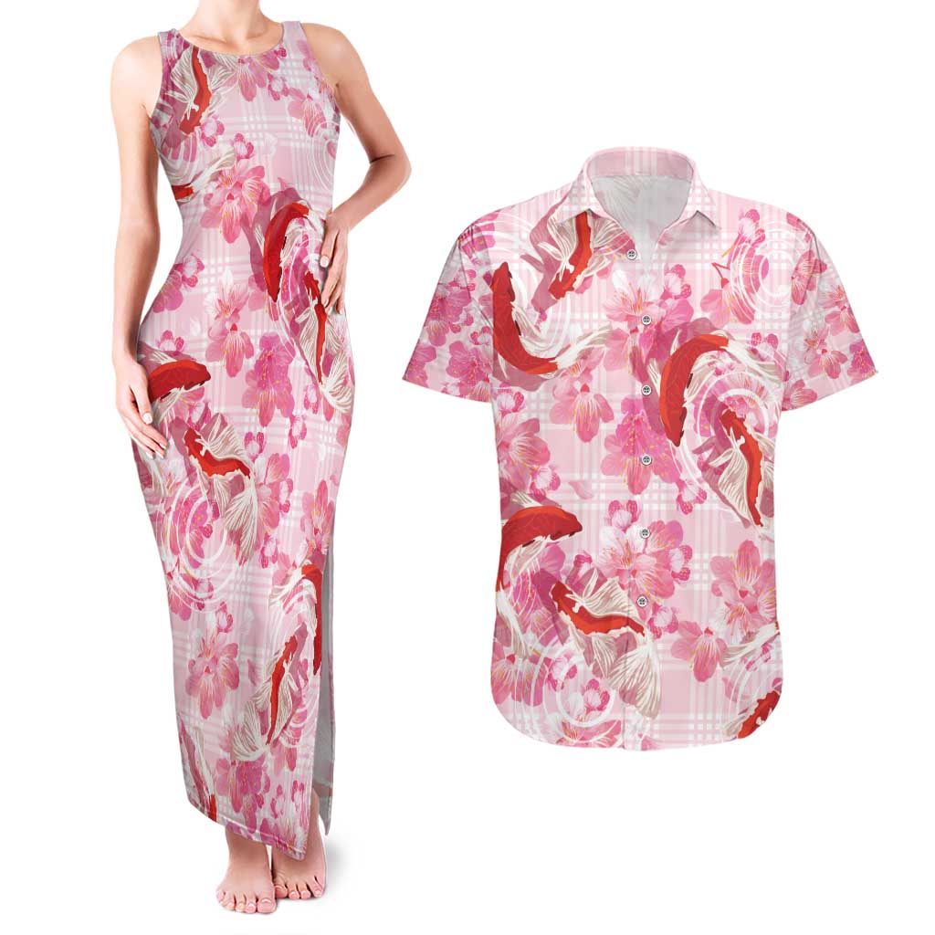 Pink Palaka Hawaii Aloha Couples Matching Tank Maxi Dress and Hawaiian Shirt Koi Pond Mix Sakura - Polynesian Pride