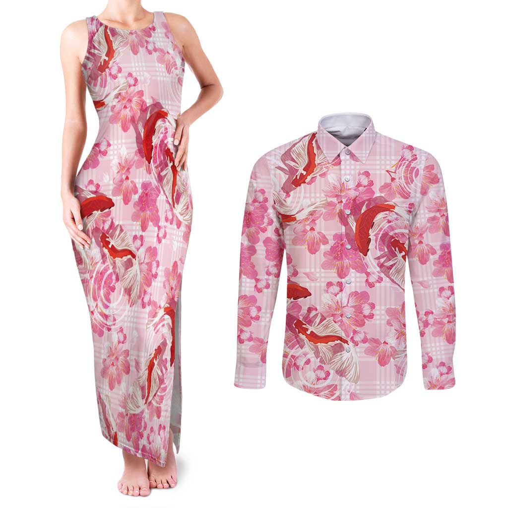 Pink Palaka Hawaii Aloha Couples Matching Tank Maxi Dress and Long Sleeve Button Shirt Koi Pond Mix Sakura - Polynesian Pride