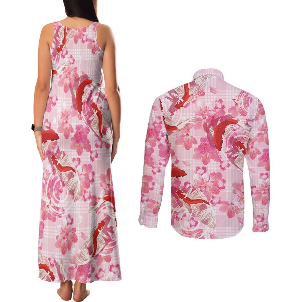 Pink Palaka Hawaii Aloha Couples Matching Tank Maxi Dress and Long Sleeve Button Shirt Koi Pond Mix Sakura - Polynesian Pride