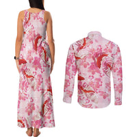 Pink Palaka Hawaii Aloha Couples Matching Tank Maxi Dress and Long Sleeve Button Shirt Koi Pond Mix Sakura - Polynesian Pride