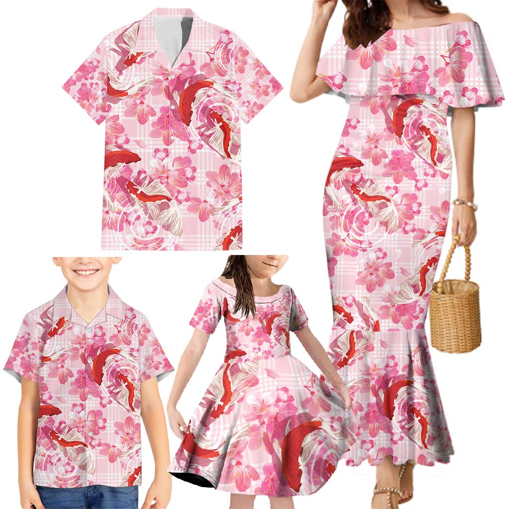 Pink Palaka Hawaii Aloha Family Matching Mermaid Dress and Hawaiian Shirt Koi Pond Mix Sakura - Polynesian Pride