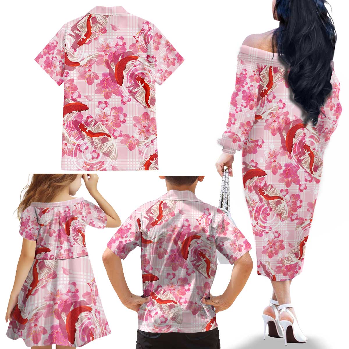 Pink Palaka Hawaii Aloha Family Matching Off The Shoulder Long Sleeve Dress and Hawaiian Shirt Koi Pond Mix Sakura - Polynesian Pride