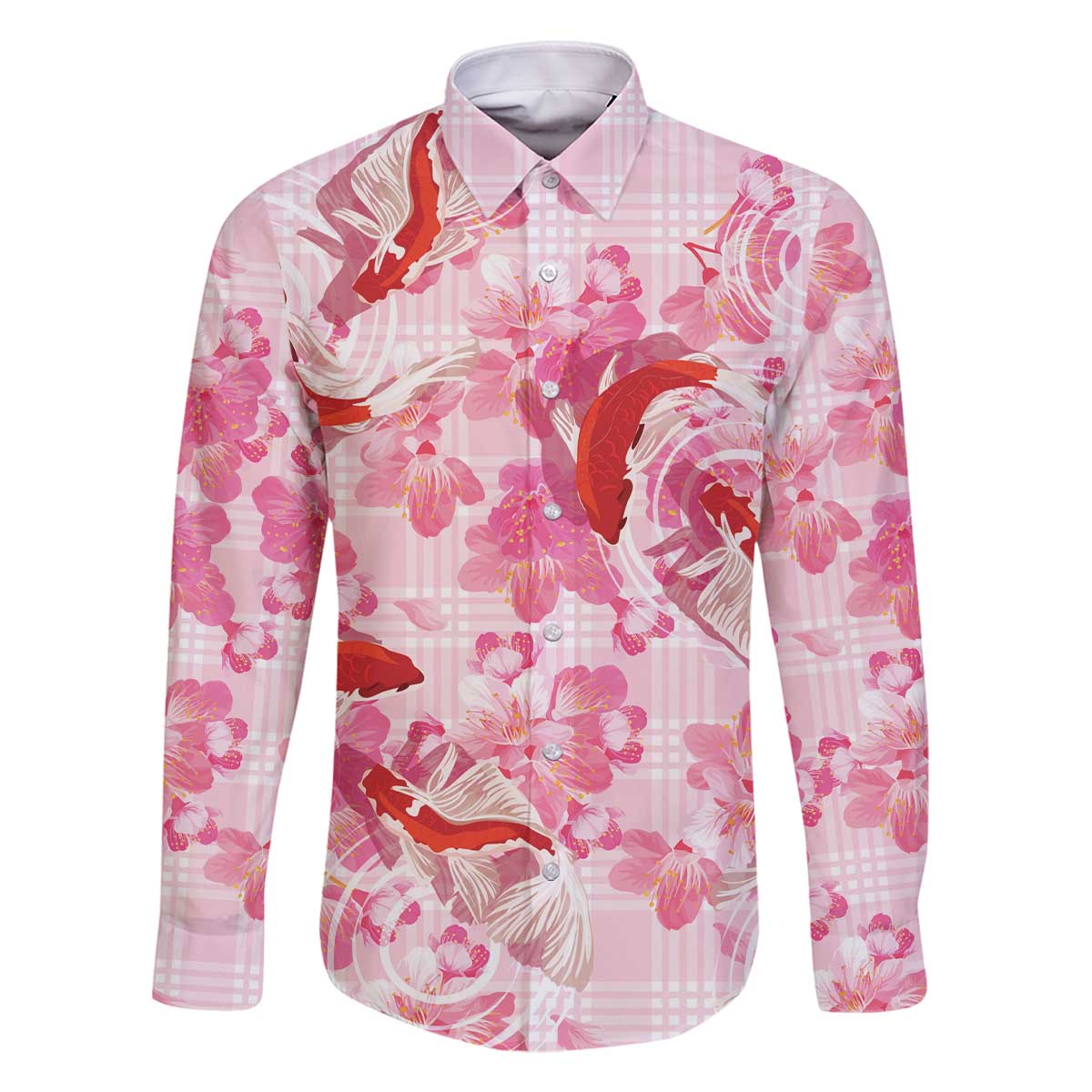 Pink Palaka Hawaii Aloha Family Matching Off The Shoulder Long Sleeve Dress and Hawaiian Shirt Koi Pond Mix Sakura - Polynesian Pride