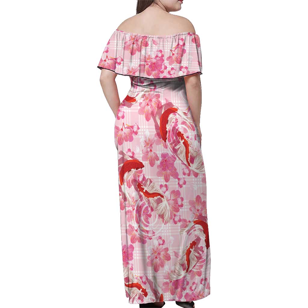 Pink Palaka Hawaii Aloha Family Matching Off Shoulder Maxi Dress and Hawaiian Shirt Koi Pond Mix Sakura - Polynesian Pride