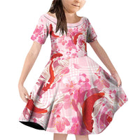 Pink Palaka Hawaii Aloha Family Matching Off Shoulder Short Dress and Hawaiian Shirt Koi Pond Mix Sakura - Polynesian Pride