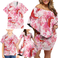 Pink Palaka Hawaii Aloha Family Matching Off Shoulder Short Dress and Hawaiian Shirt Koi Pond Mix Sakura - Polynesian Pride