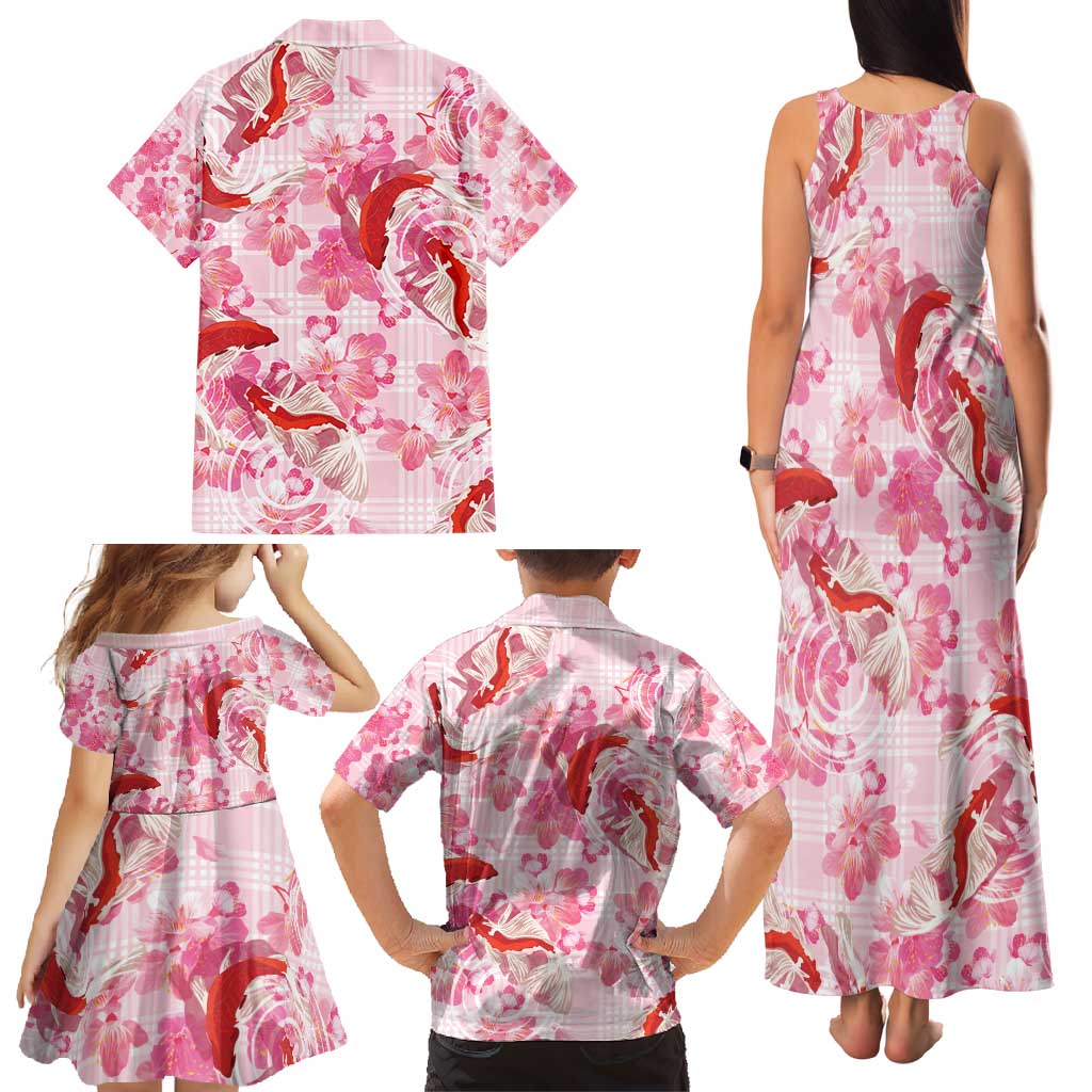 Pink Palaka Hawaii Aloha Family Matching Tank Maxi Dress and Hawaiian Shirt Koi Pond Mix Sakura - Polynesian Pride