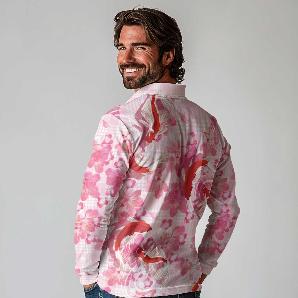 Pink Palaka Hawaii Aloha Long Sleeve Polo Shirt Koi Pond Mix Sakura - Polynesian Pride