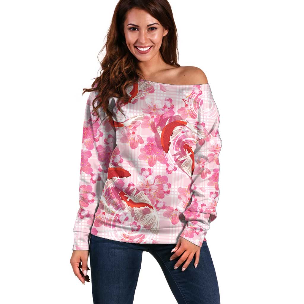 Pink Palaka Hawaii Aloha Off Shoulder Sweater Koi Pond Mix Sakura - Polynesian Pride
