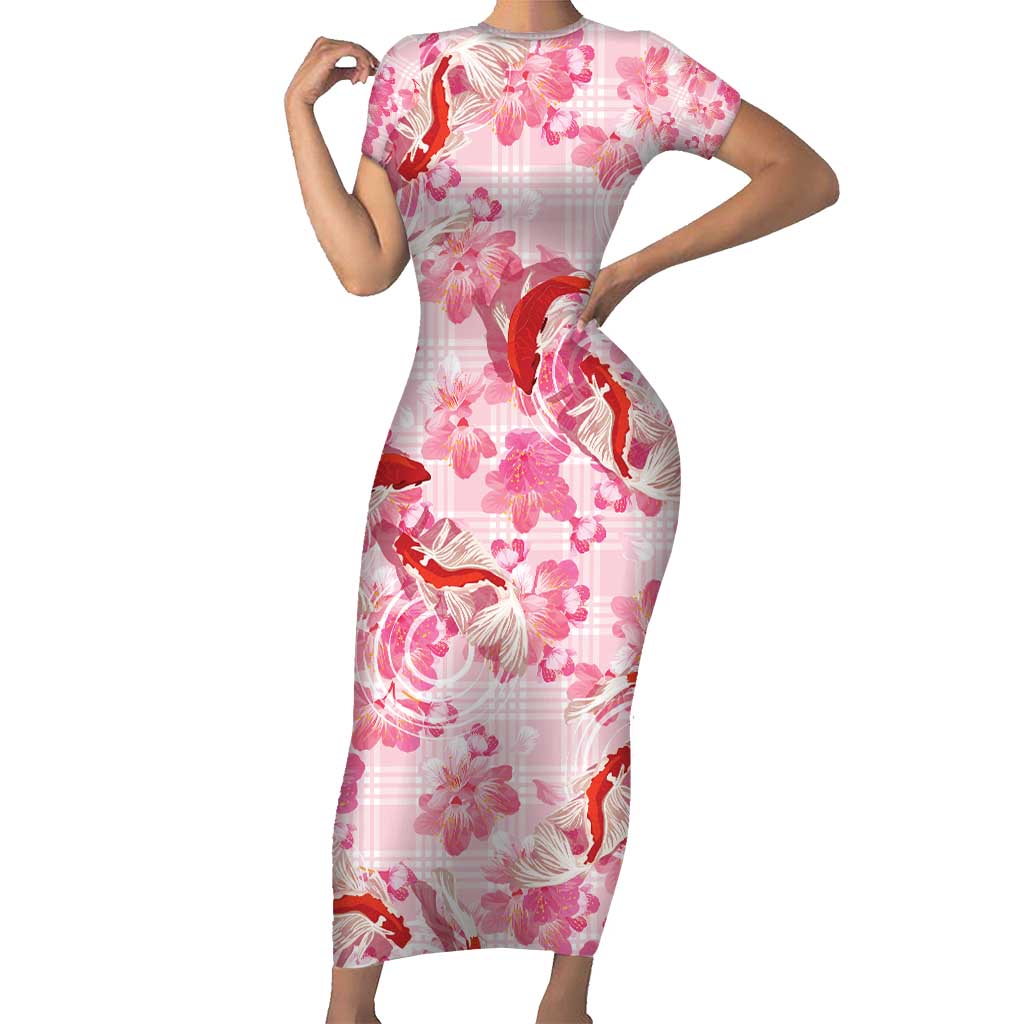 Pink Palaka Hawaii Aloha Short Sleeve Bodycon Dress Koi Pond Mix Sakura - Polynesian Pride