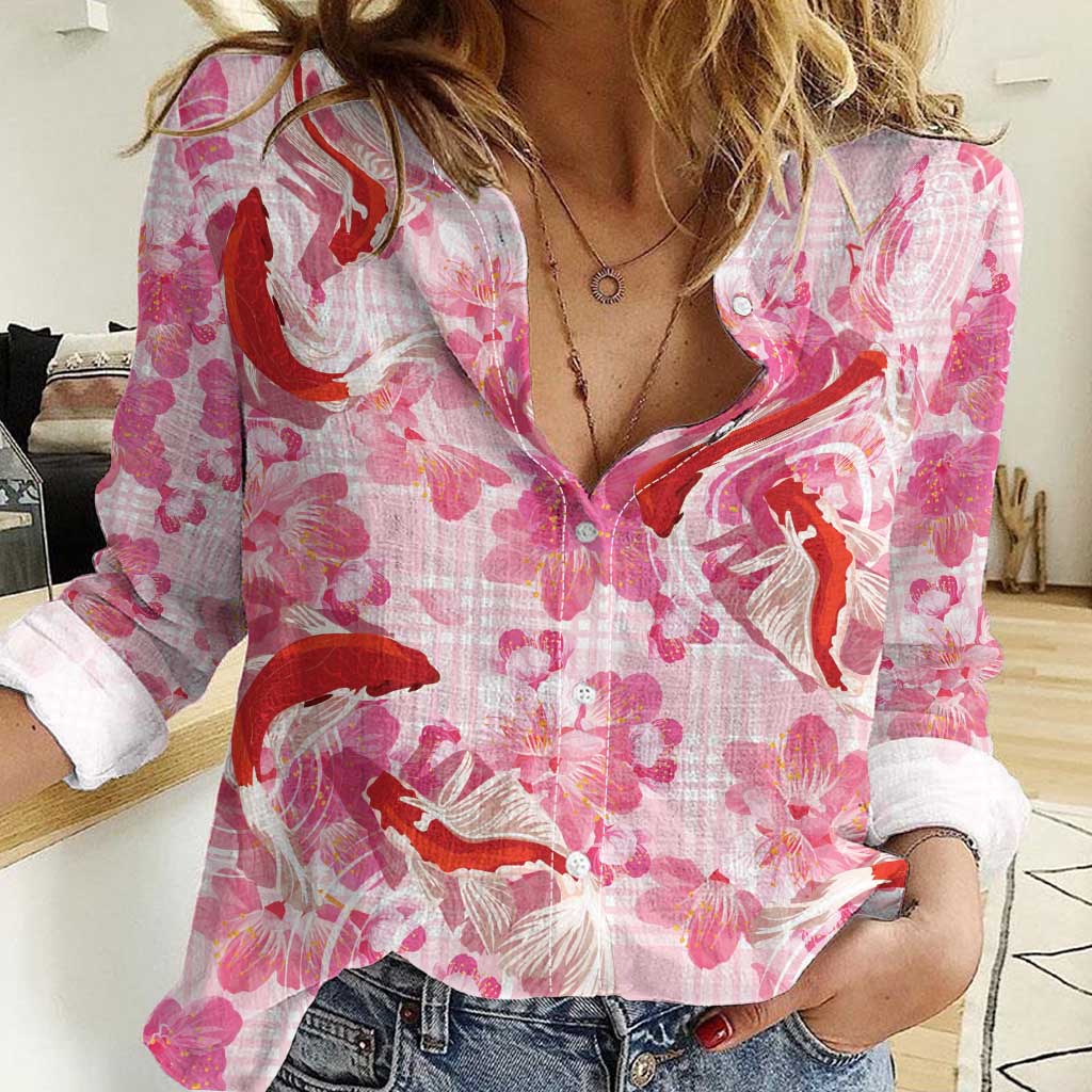 Pink Palaka Hawaii Aloha Women Casual Shirt Koi Pond Mix Sakura - Polynesian Pride