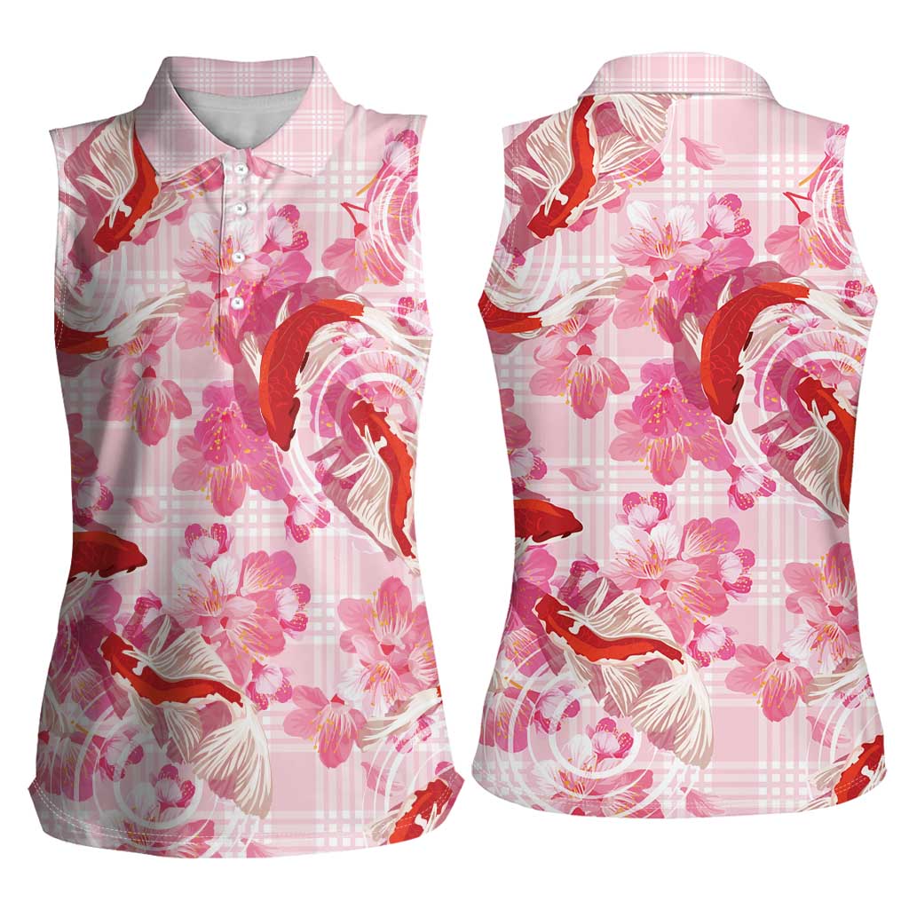 Pink Palaka Hawaii Aloha Women Sleeveless Polo Shirt Koi Pond Mix Sakura - Polynesian Pride
