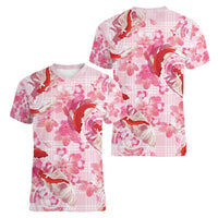 Pink Palaka Hawaii Aloha Women V-Neck T-Shirt Koi Pond Mix Sakura - Polynesian Pride