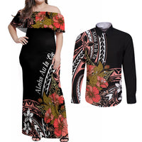 Hawaii Valentine Couples Matching Off Shoulder Maxi Dress and Long Sleeve Button Shirt Plumeria Aloha Wau Ia Oe LT7 Pink - Polynesian Pride