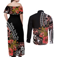 Hawaii Valentine Couples Matching Off Shoulder Maxi Dress and Long Sleeve Button Shirt Plumeria Aloha Wau Ia Oe LT7 - Polynesian Pride