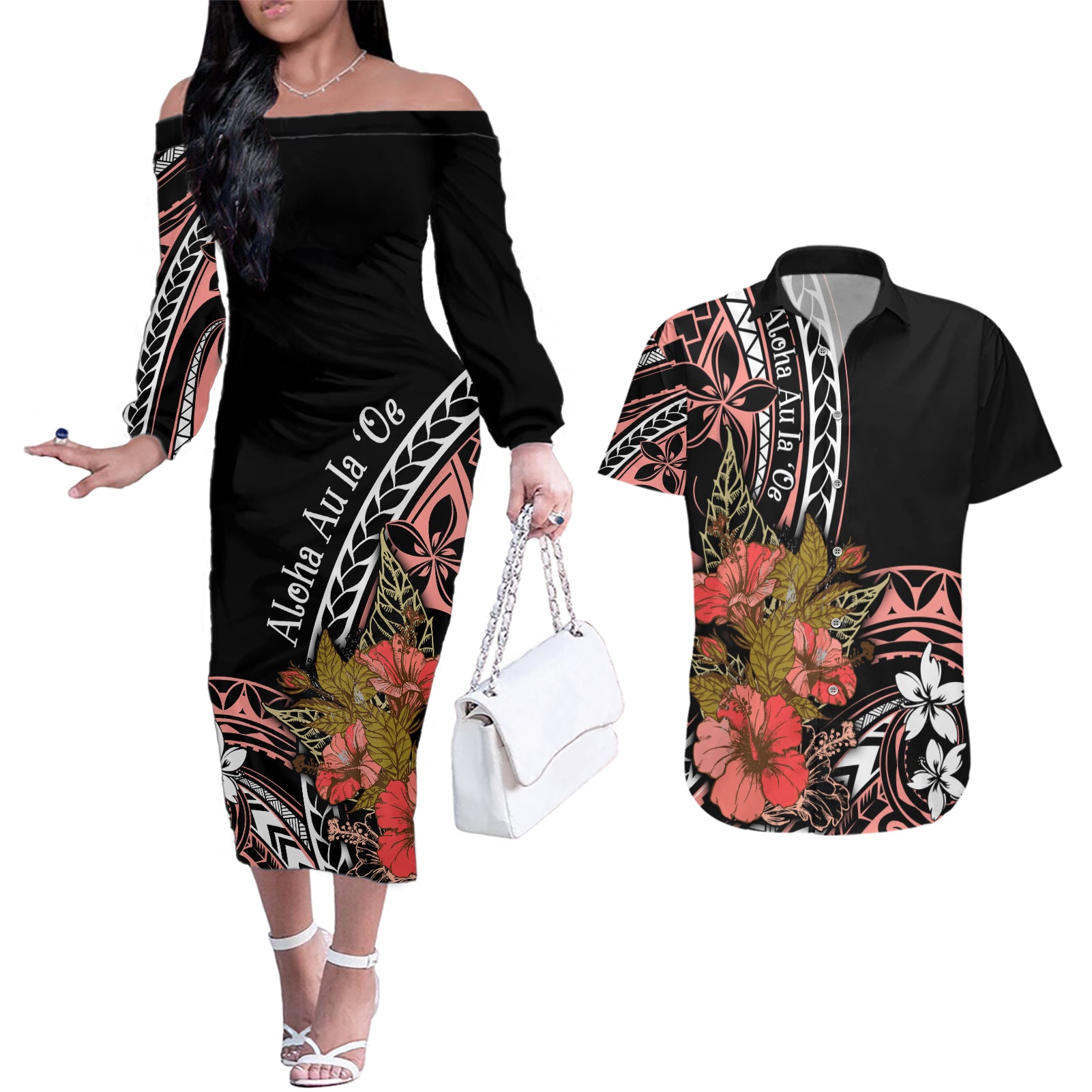 Hawaii Valentine Couples Matching Off The Shoulder Long Sleeve Dress and Hawaiian Shirt Plumeria Aloha Wau Ia Oe LT7 Pink - Polynesian Pride