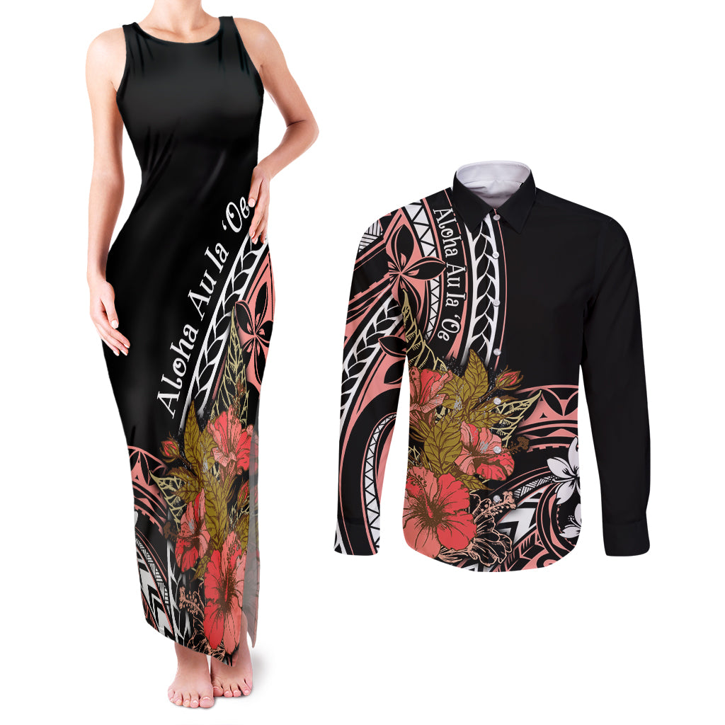 Hawaii Valentine Couples Matching Tank Maxi Dress and Long Sleeve Button Shirt Plumeria Aloha Wau Ia Oe LT7 Pink - Polynesian Pride