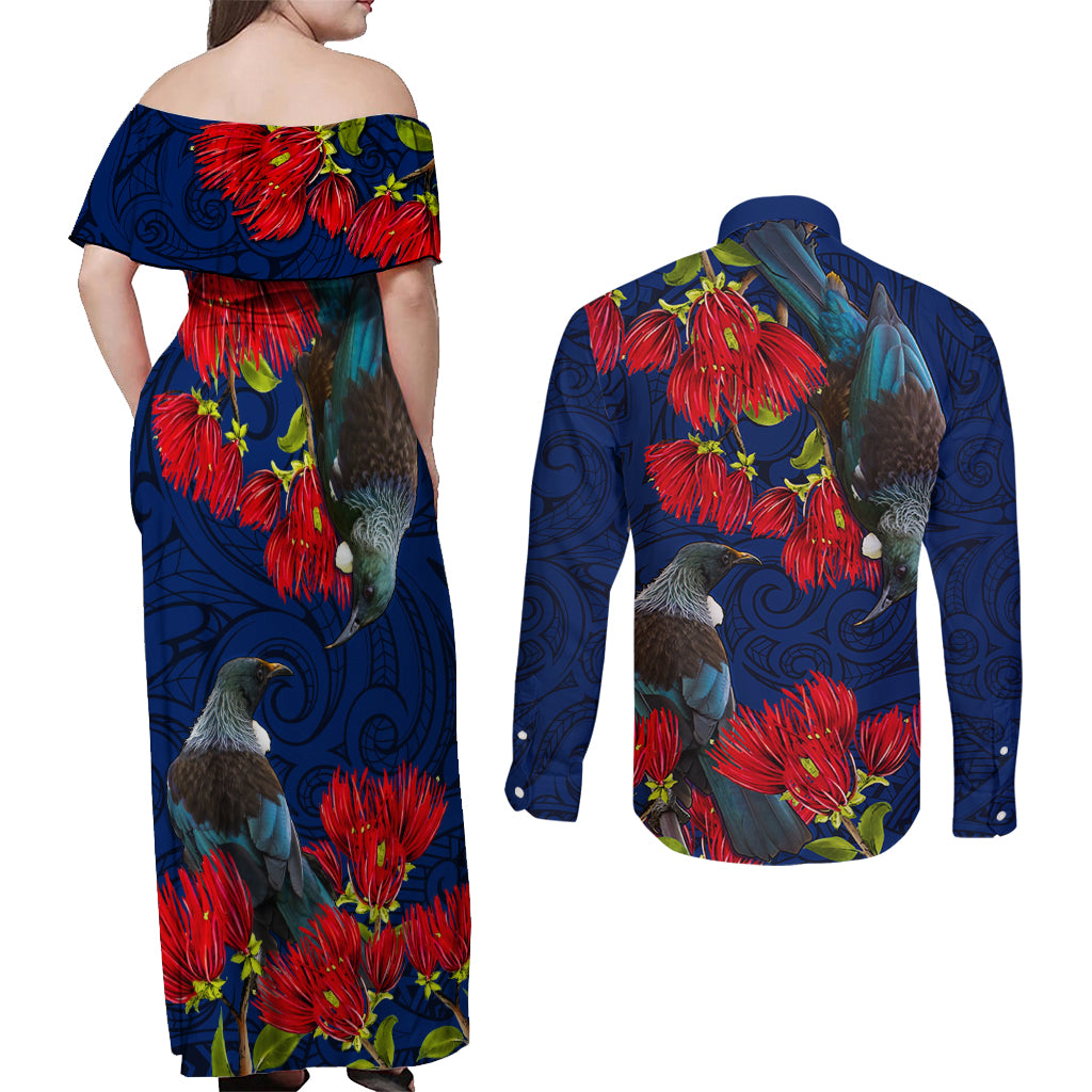 New Zealand Couples Matching Off Shoulder Maxi Dress and Long Sleeve Button Shirt Tui Couple with Pohutukawa LT7 - Polynesian Pride