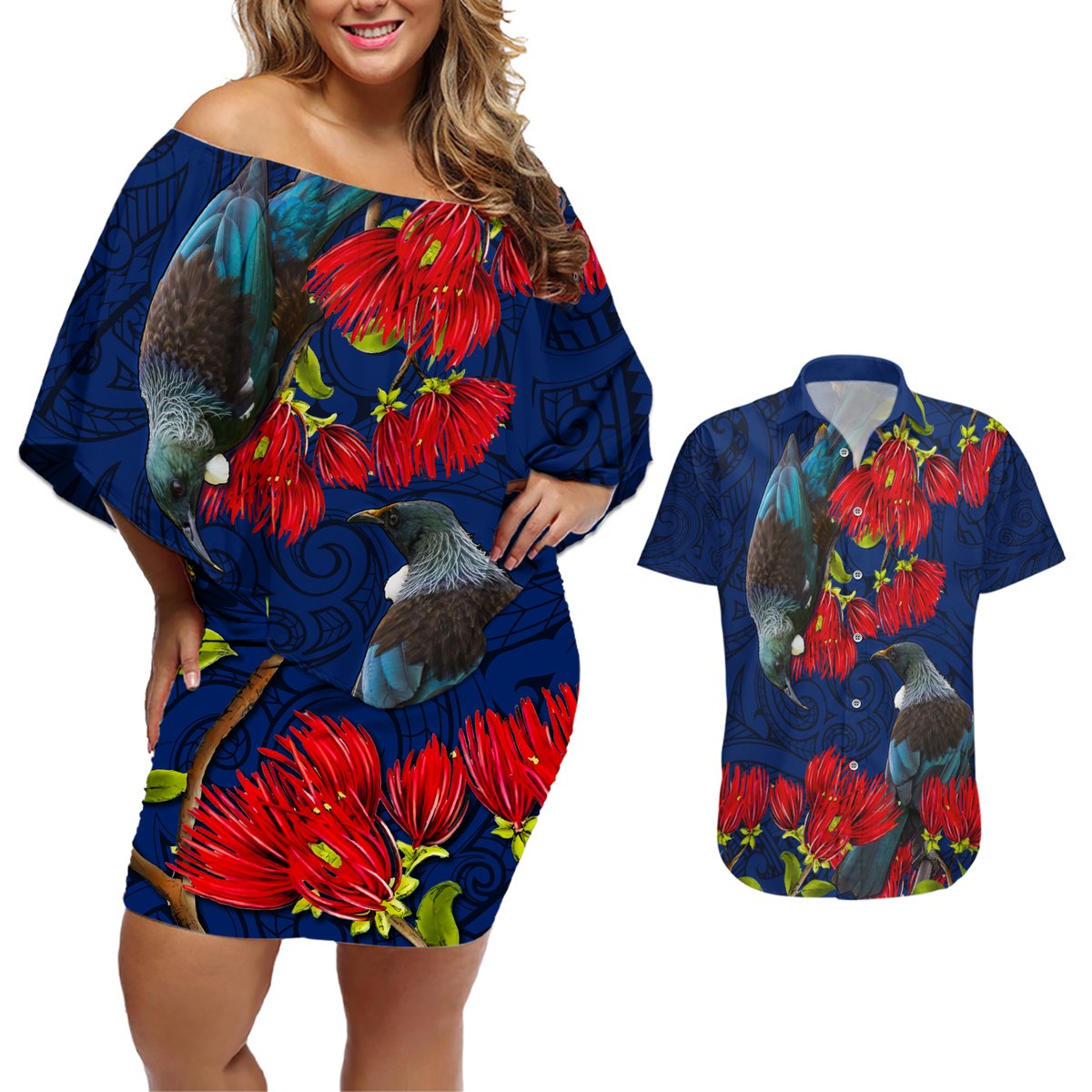 New Zealand Couples Matching Off Shoulder Short Dress and Hawaiian Shirt Tui Couple with Pohutukawa LT7 Blue - Polynesian Pride