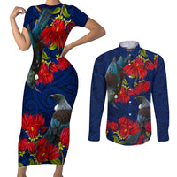 New Zealand Couples Matching Short Sleeve Bodycon Dress and Long Sleeve Button Shirt Tui Couple with Pohutukawa LT7 Blue - Polynesian Pride