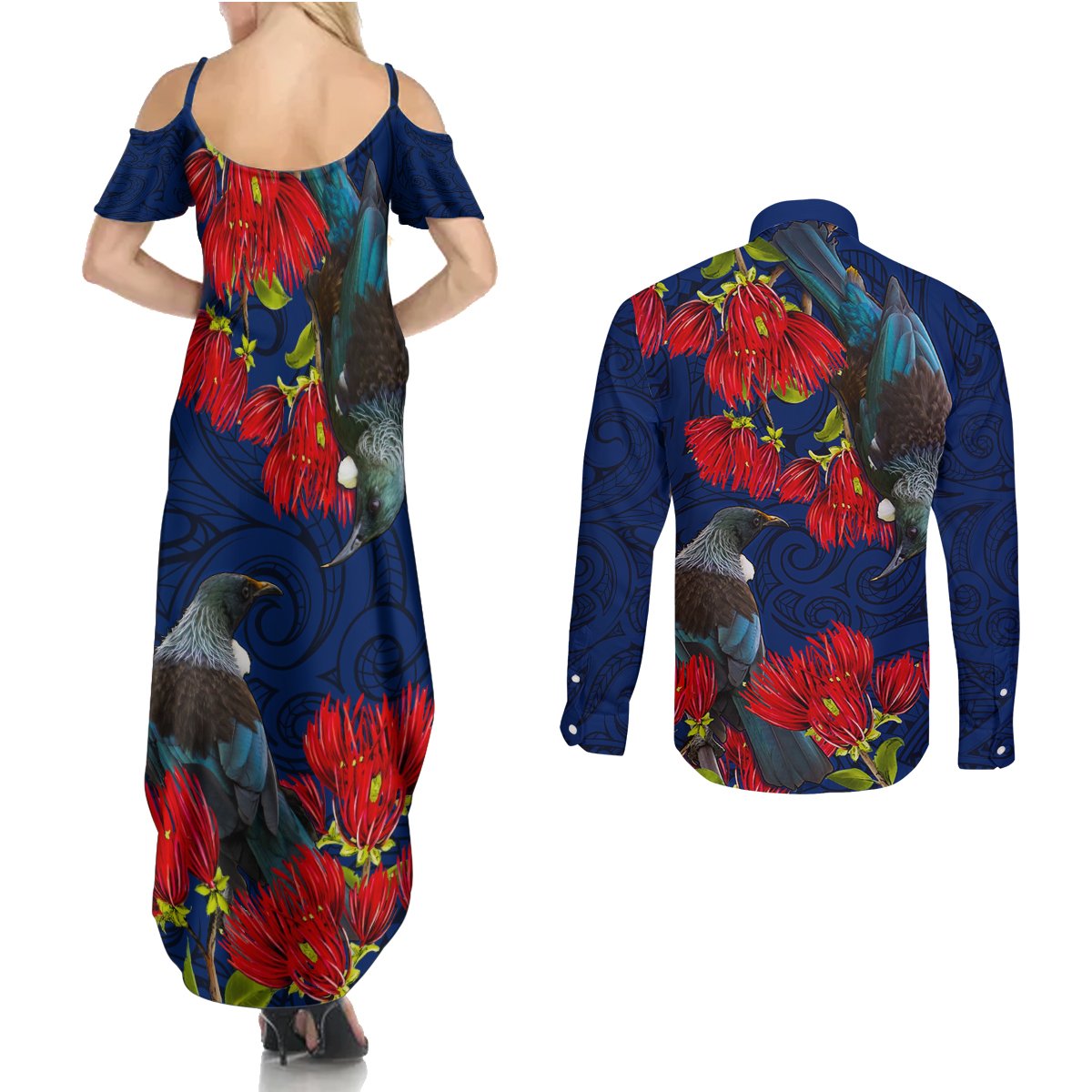 New Zealand Couples Matching Summer Maxi Dress and Long Sleeve Button Shirt Tui Couple with Pohutukawa LT7 - Polynesian Pride