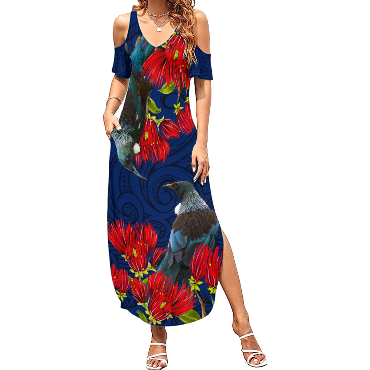 New Zealand Summer Maxi Dress Tui Couple with Pohutukawa LT7 Women Blue - Polynesian Pride