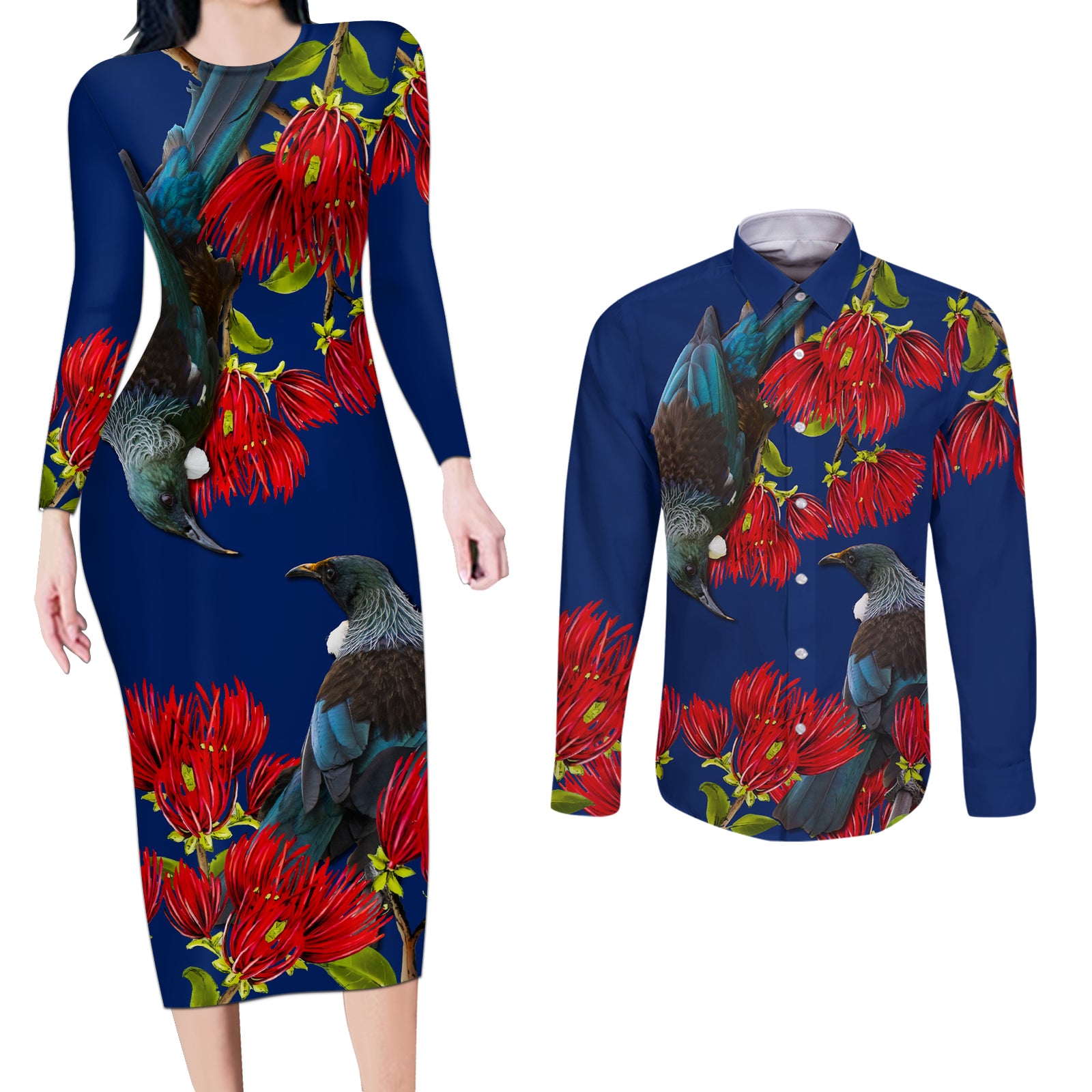 New Zealand Pohutukawa with Tui Birds Couples Matching Long Sleeve Bodycon Dress and Long Sleeve Button Shirt Version 2 LT7 Blue - Polynesian Pride