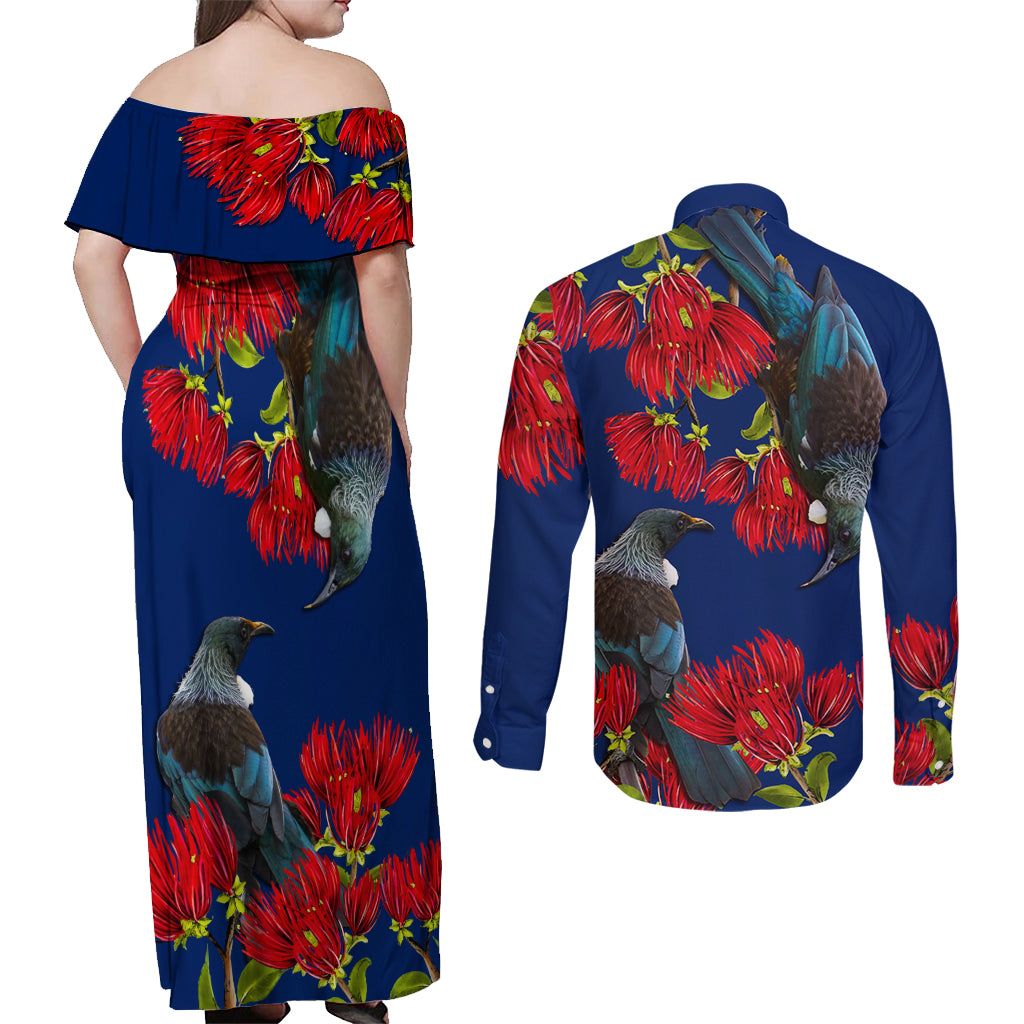 New Zealand Pohutukawa with Tui Birds Couples Matching Off Shoulder Maxi Dress and Long Sleeve Button Shirt Version 2 LT7 - Polynesian Pride