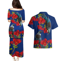 New Zealand Pohutukawa with Tui Birds Couples Matching Puletasi and Hawaiian Shirt Version 2 LT7 - Polynesian Pride