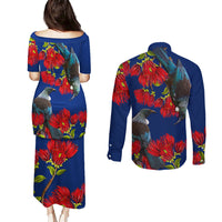 New Zealand Pohutukawa with Tui Birds Couples Matching Puletasi and Long Sleeve Button Shirt Version 2 LT7 - Polynesian Pride