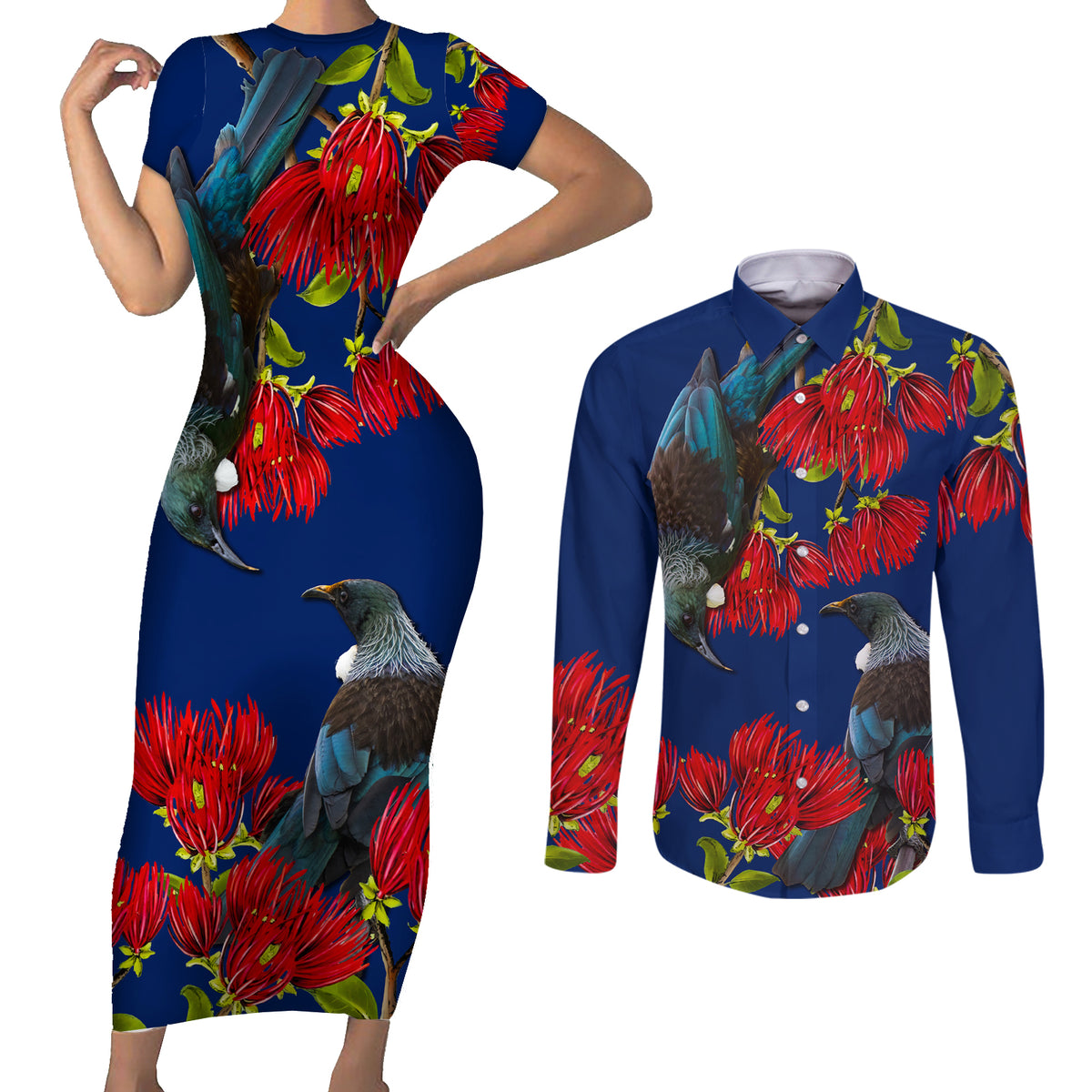 New Zealand Pohutukawa with Tui Birds Couples Matching Short Sleeve Bodycon Dress and Long Sleeve Button Shirt Version 2 LT7 Blue - Polynesian Pride