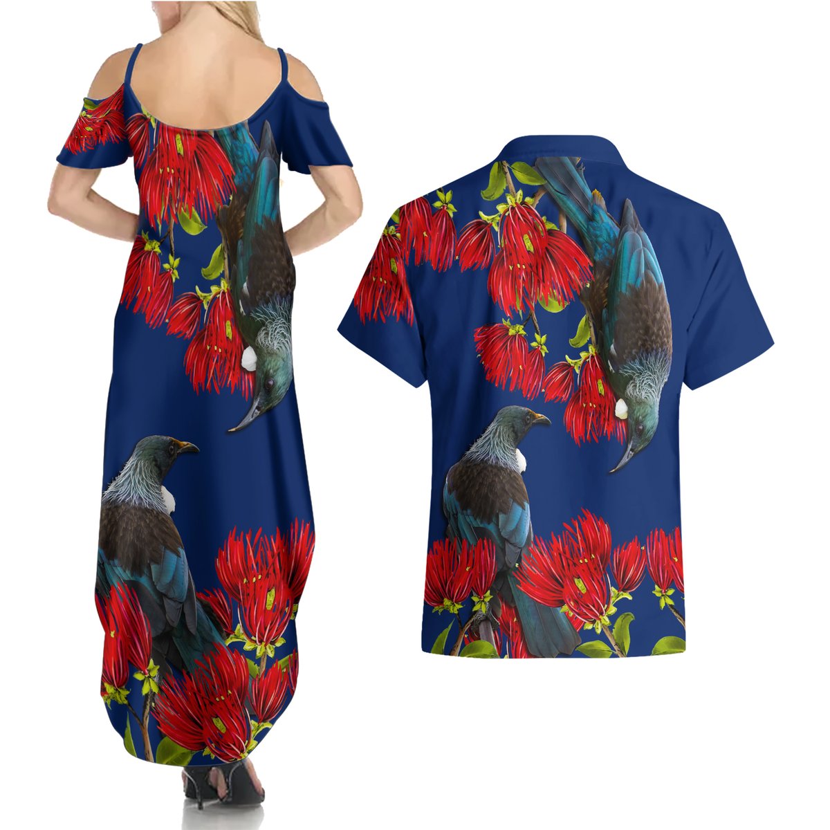 New Zealand Pohutukawa with Tui Birds Couples Matching Summer Maxi Dress and Hawaiian Shirt Version 2 LT7 - Polynesian Pride