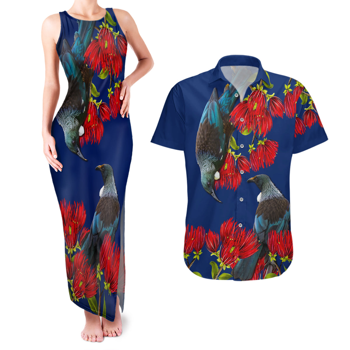 New Zealand Pohutukawa with Tui Birds Couples Matching Tank Maxi Dress and Hawaiian Shirt Version 2 LT7 Blue - Polynesian Pride