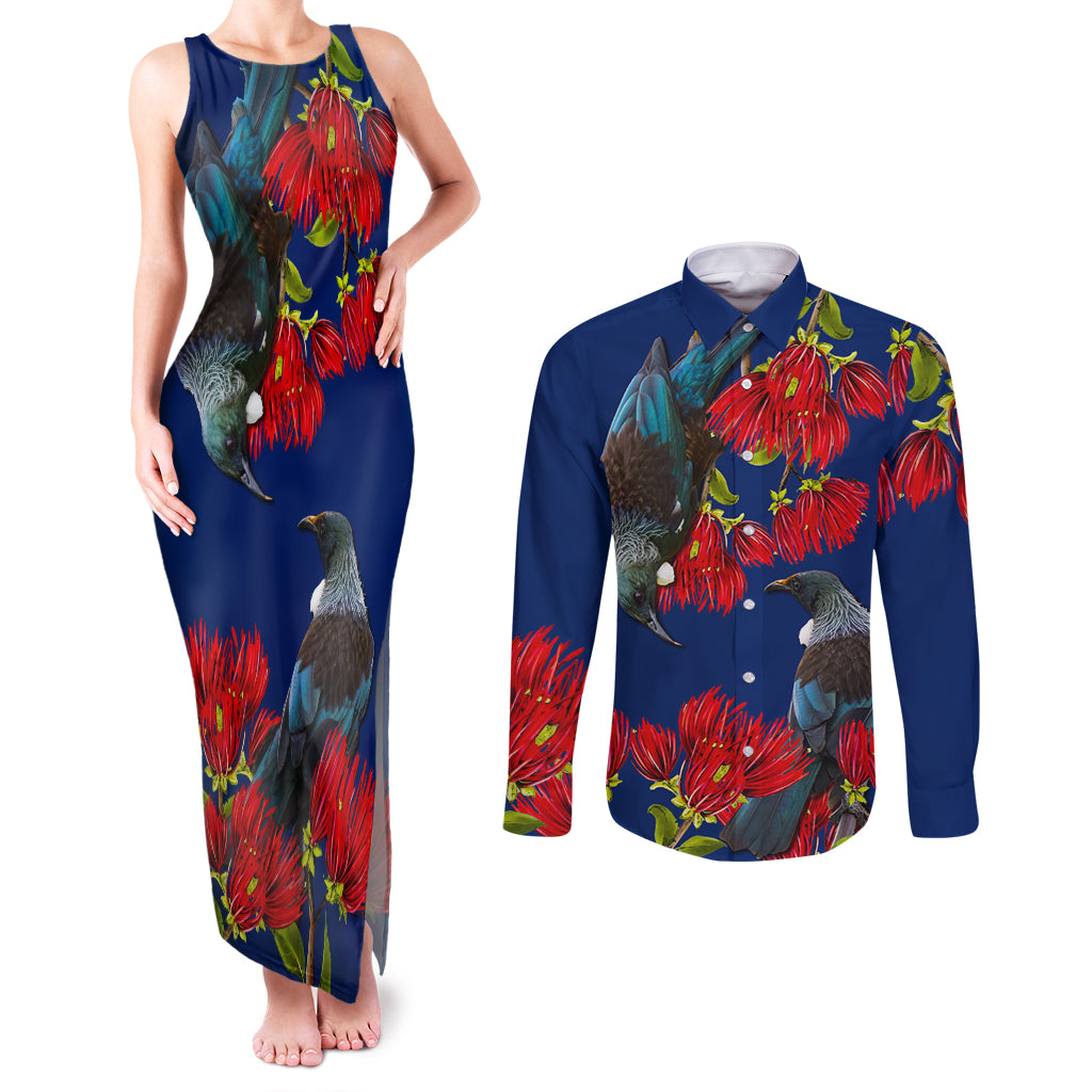 New Zealand Pohutukawa with Tui Birds Couples Matching Tank Maxi Dress and Long Sleeve Button Shirt Version 2 LT7 Blue - Polynesian Pride