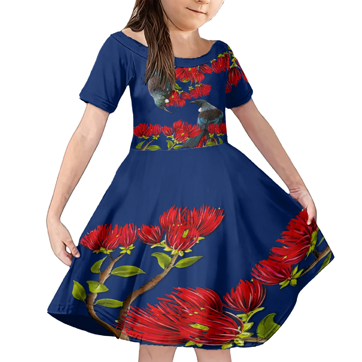 New Zealand Pohutukawa with Tui Birds Family Matching Off Shoulder Maxi Dress and Hawaiian Shirt Version 2 LT7 Daughter's Dress Blue - Polynesian Pride