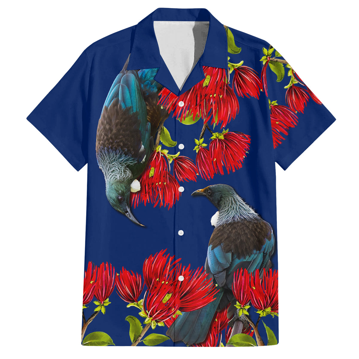 New Zealand Pohutukawa with Tui Birds Family Matching Off Shoulder Short Dress and Hawaiian Shirt Version 2 LT7 Dad's Shirt - Short Sleeve Blue - Polynesian Pride