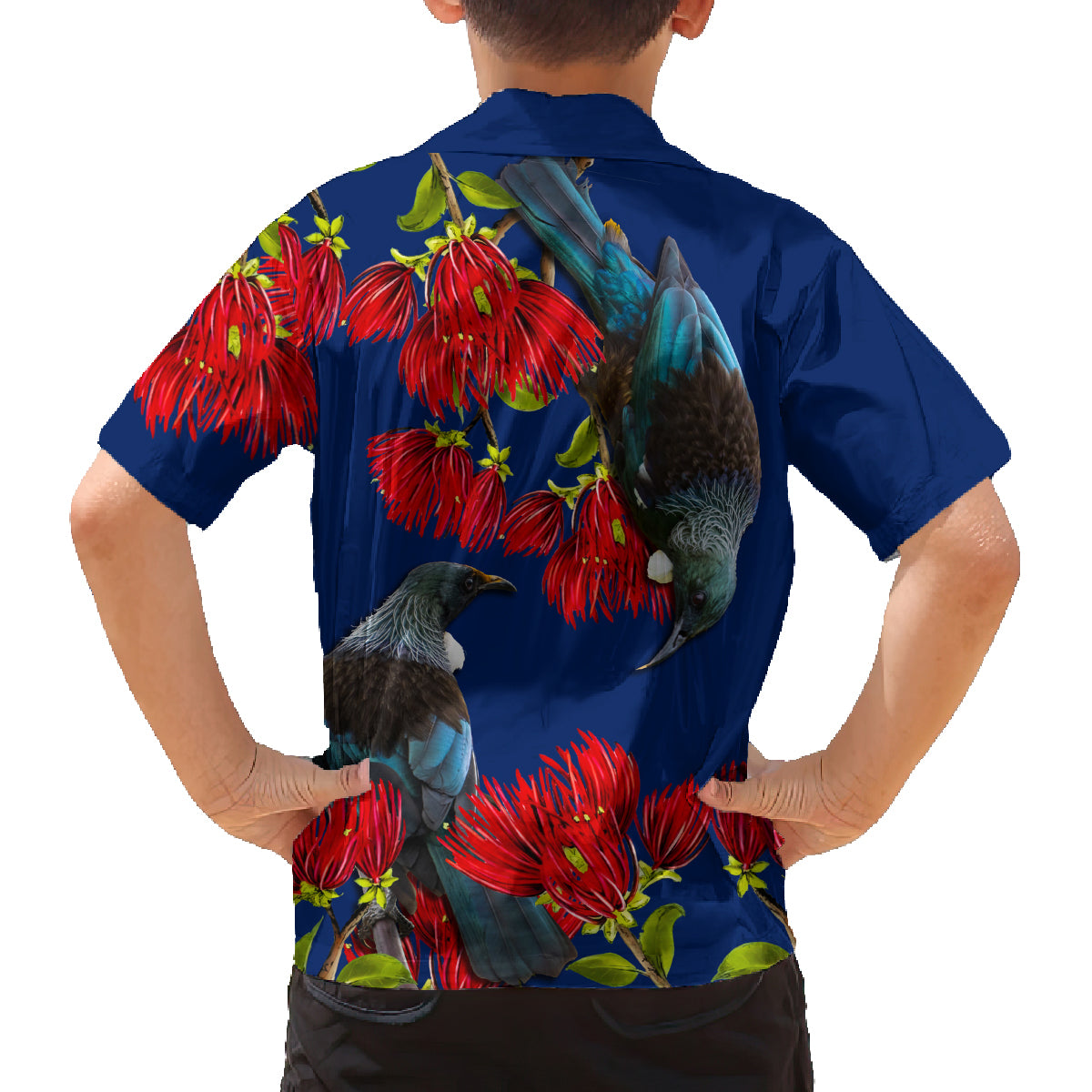 New Zealand Pohutukawa with Tui Birds Family Matching Tank Maxi Dress and Hawaiian Shirt Version 2 LT7 - Polynesian Pride