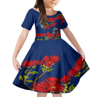 New Zealand Pohutukawa with Tui Birds Family Matching Tank Maxi Dress and Hawaiian Shirt Version 2 LT7 Daughter's Dress Blue - Polynesian Pride