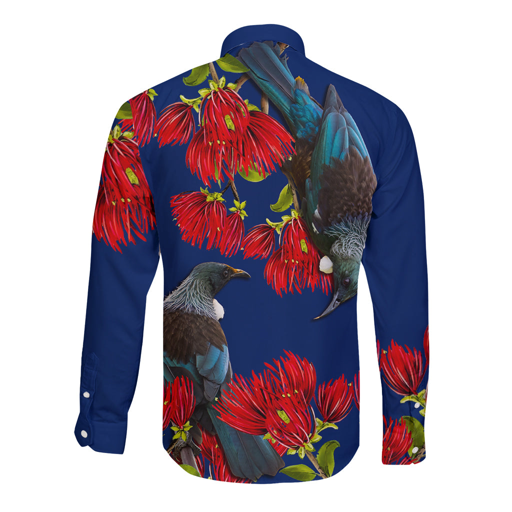 New Zealand Pohutukawa with Tui Birds Long Sleeve Button Shirt Version 2 LT7 - Polynesian Pride